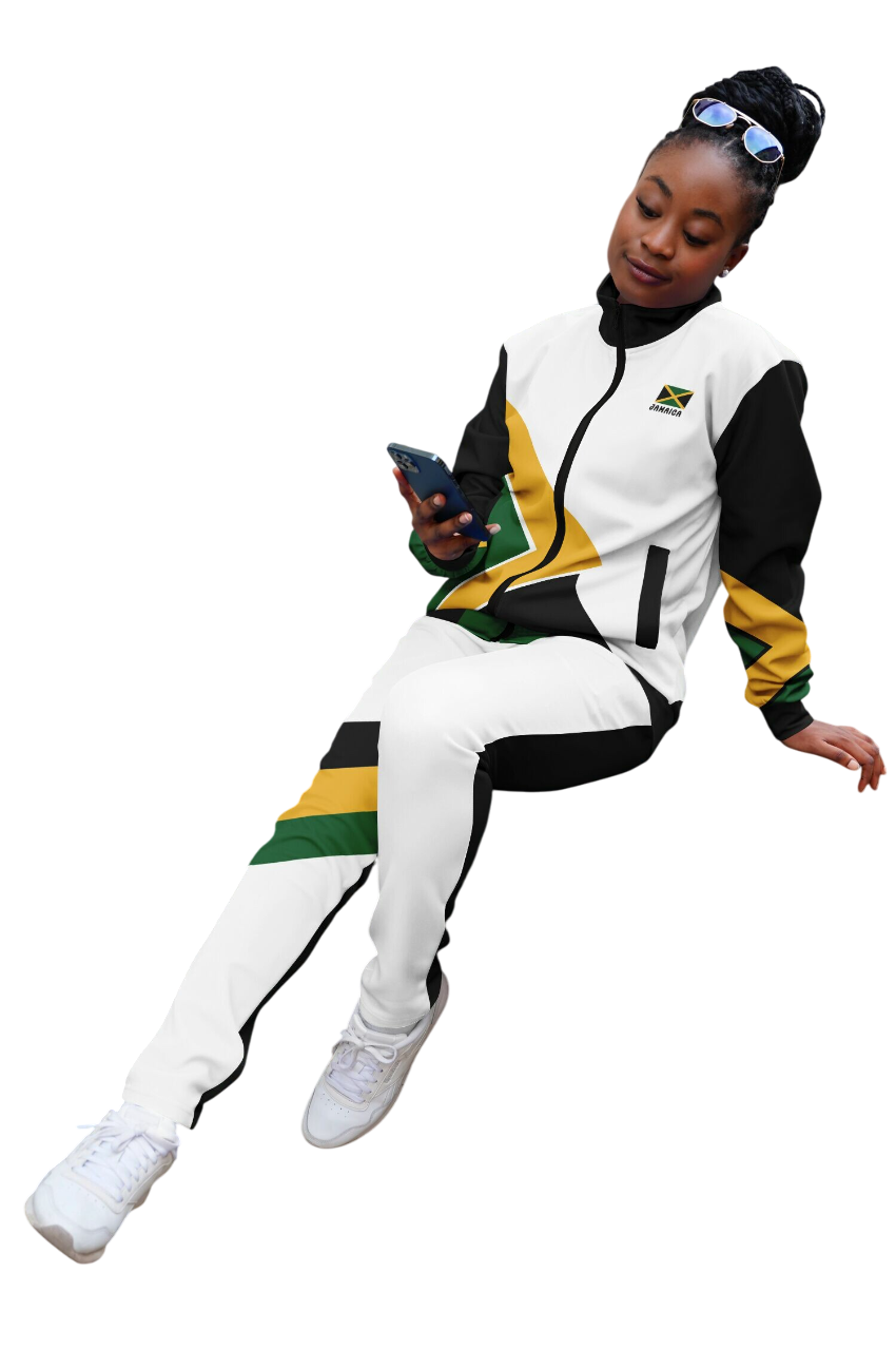 Woman wearing a white Jamaica tracksuit