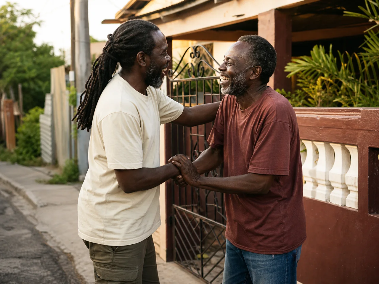 Two longtime Jamaican friends greeting each other warmly