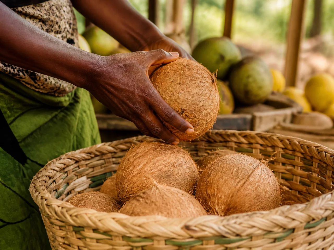 Hands placing a coconut into a woven basket at a Jamaican market