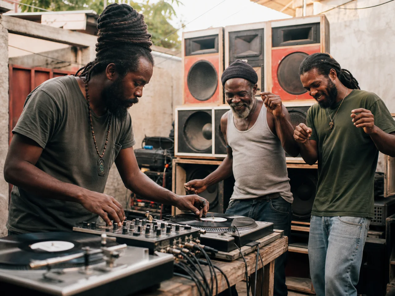 A Jamaican sound-system session in a neighborhood courtyard